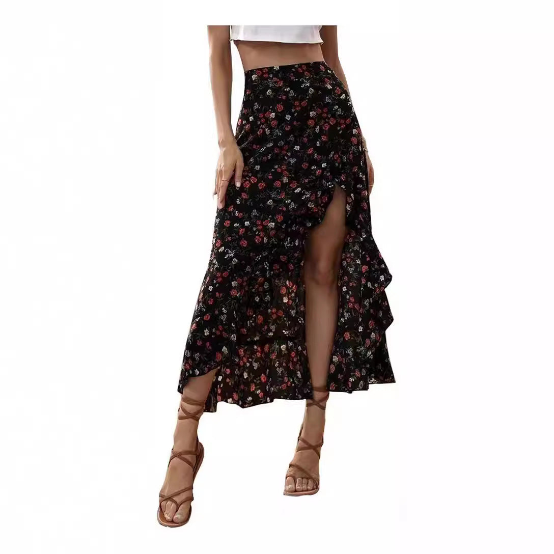 Printed Ruffled Side Slit Skirt
