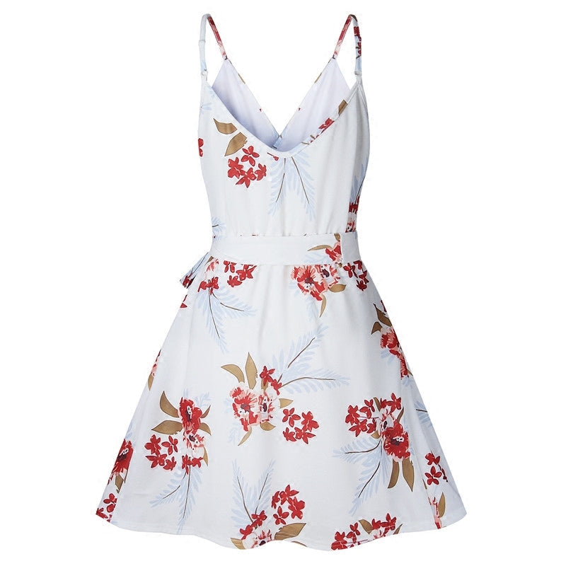 Summer print sling backless V-neck women''s dress