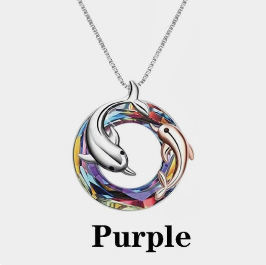 Colorful Circle Crystal Dolphin Pendant Necklace