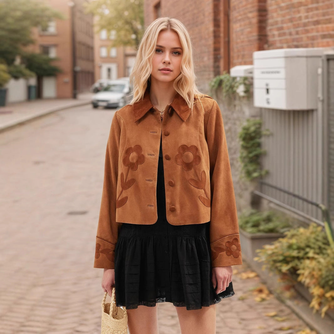 Elegant Vintage Suede Flower Short Coat