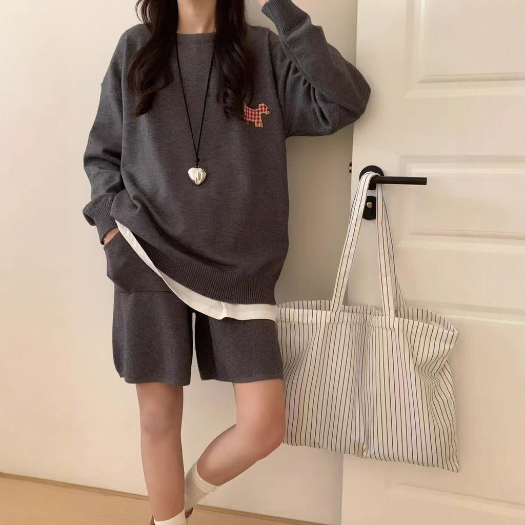 Casual Sports Knitted Sweater Shorts Suit