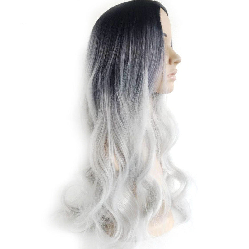 Black silver gray mid-point long curly hair cos fake