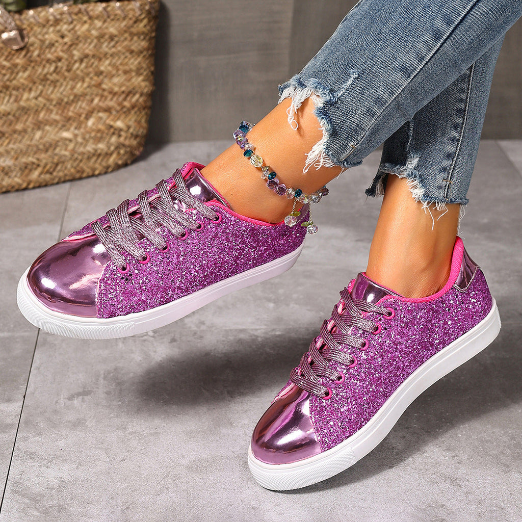 Plus Size Sequined Front Lace-up Solid Color Plus Size Board Shoes