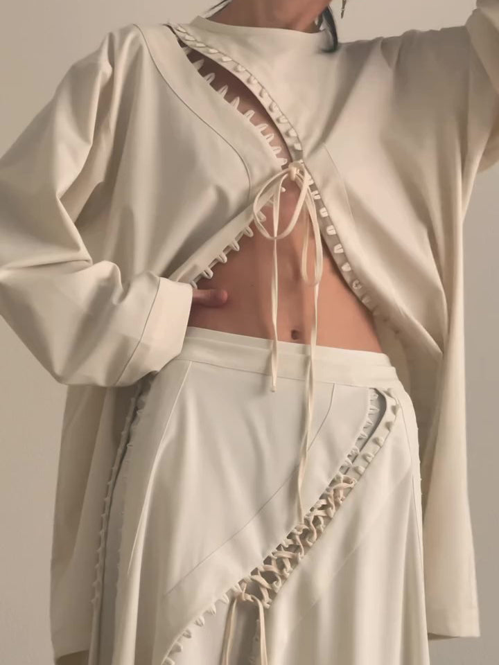 Cream Lace-Up Detail Top And Asymmetric Maxi Skirt Set