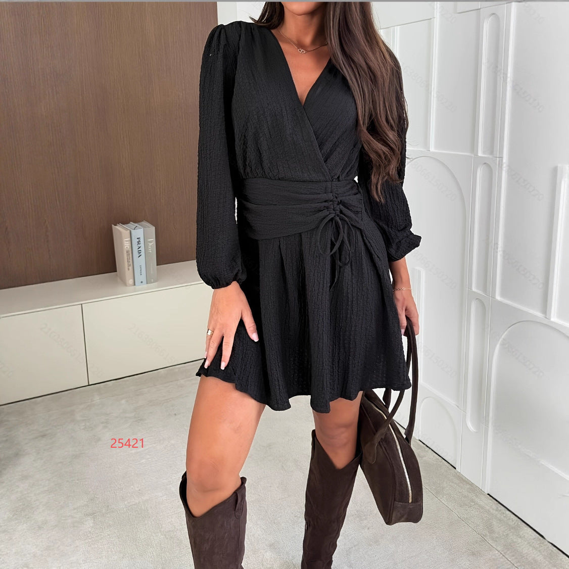 Women's Solid-Color V-Neck Puff-Sleeve Pleated Dress