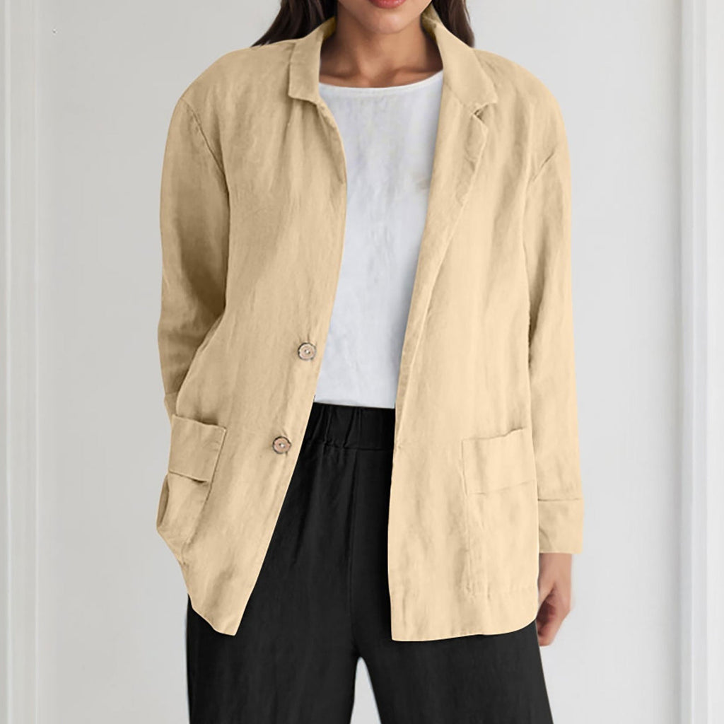 Loose-fit Solid-color Long-sleeve Cotton-linen Coat With Buttons For Women