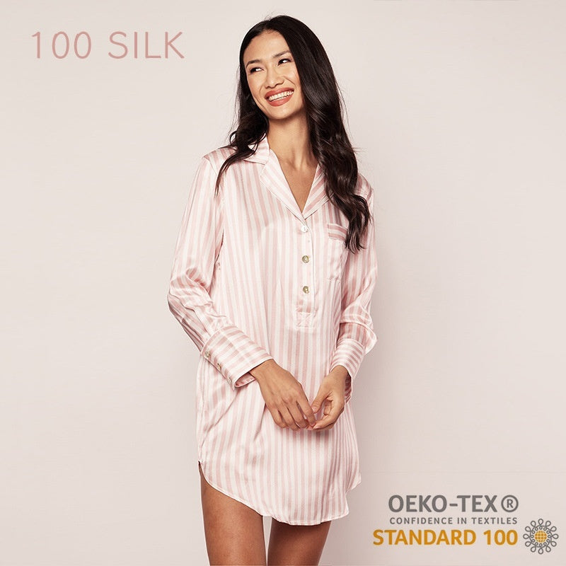 19 M Silk Shirt Dress Classic Long Sleeve Striped Spring And Summer Home Wear