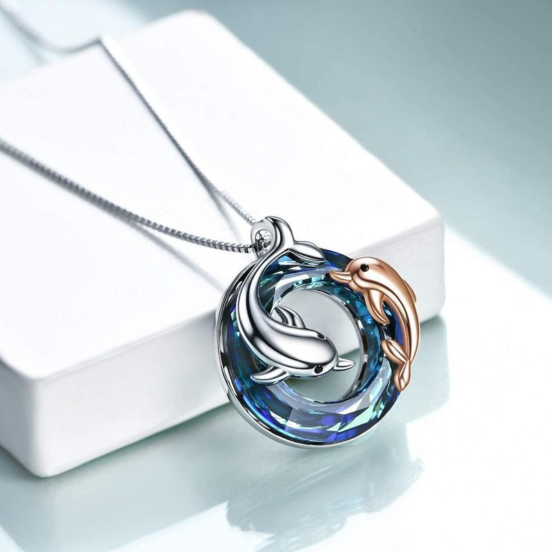 Colorful Circle Crystal Dolphin Pendant Necklace