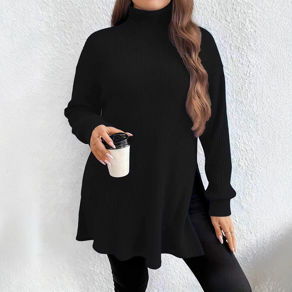 Women's Arrival Irregular Slit Turtleneck Plus Size Sweater Top