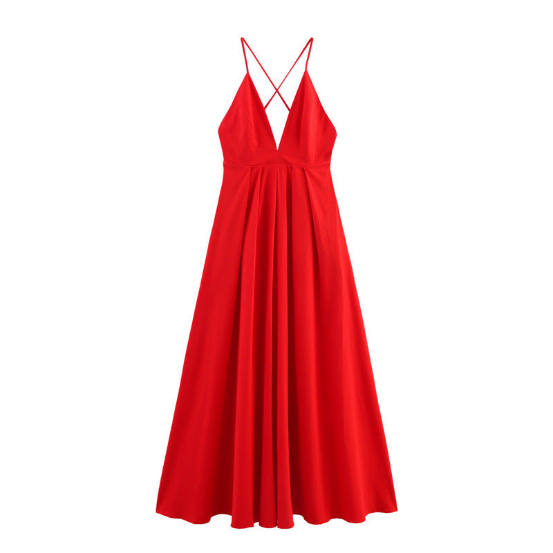 Summer Solid Color Spaghetti Straps Sleeveless Sexy Backless Dress