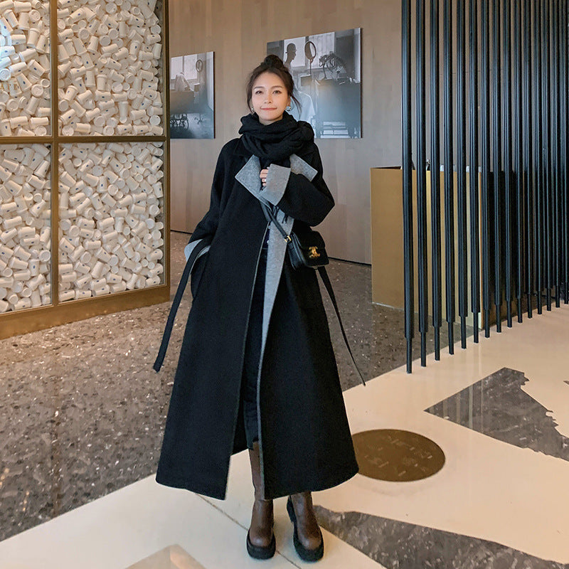 New Loose Mid-length Contrast Stitching Woolen Coat