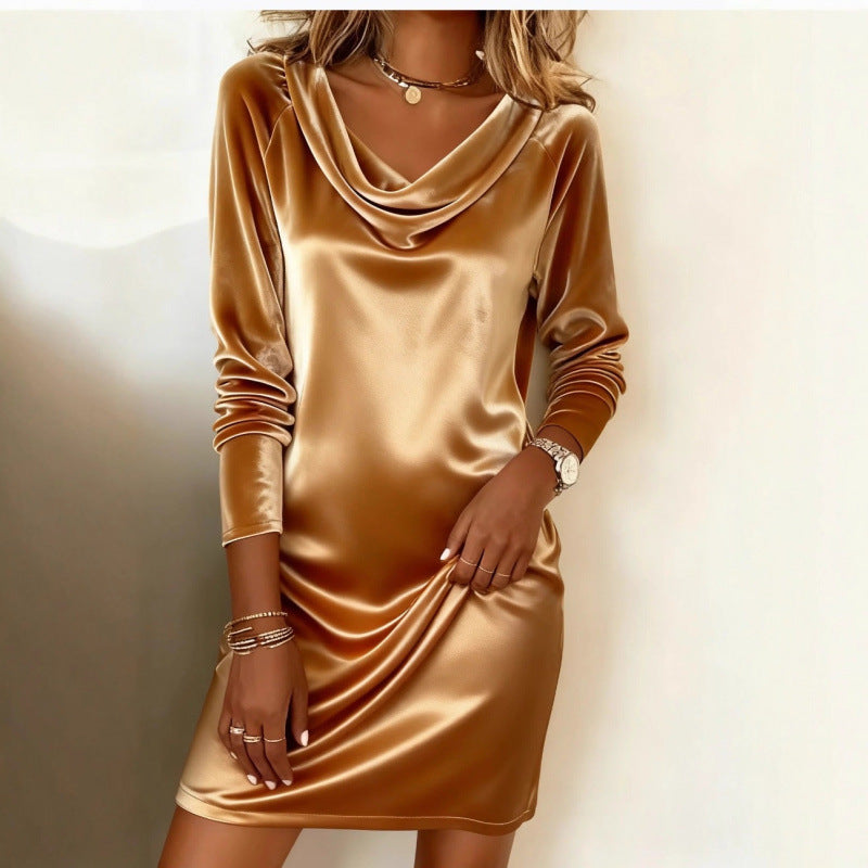 Women's Solid-Color Elegant Midi Long-Sleeve Boat-Neck Dress