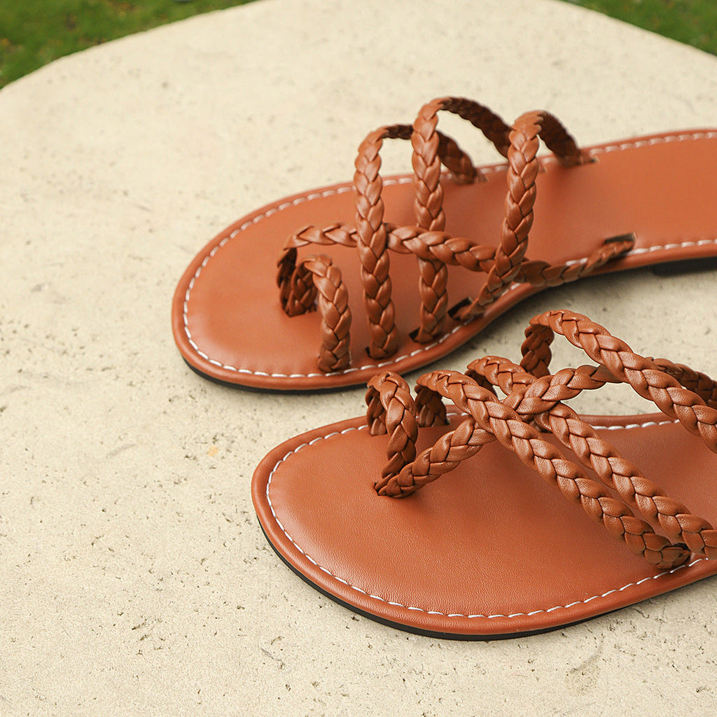 Summer Clip-toe Woven Sandals INS Fashion Beach Flat Slides Slippers Outdoor Roman Shoes For Women