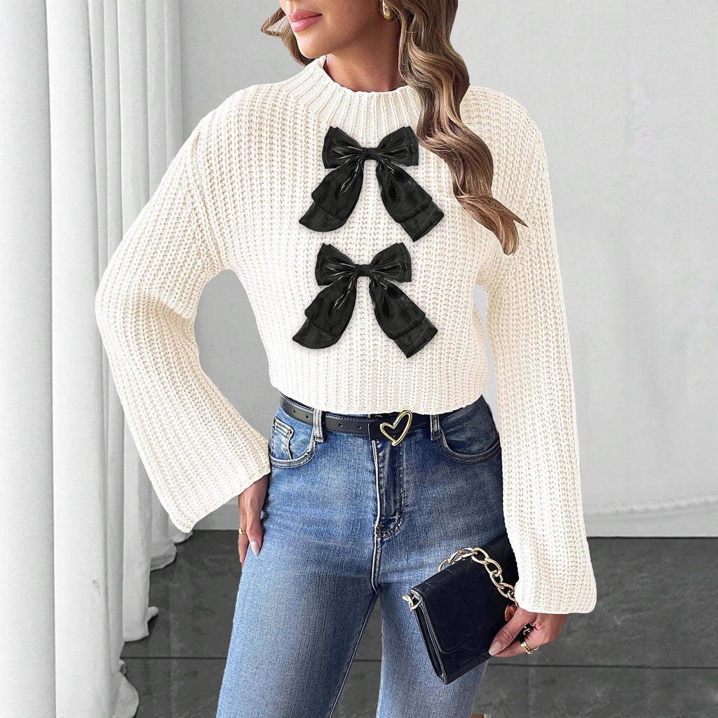 Ladies Bow Patchwork Flared Sleeves Mock Neck Sweater