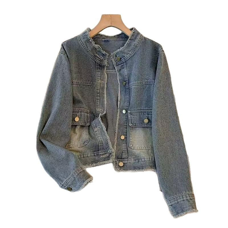Vintage Washed And Raw-Edged Denim Jacket For Women