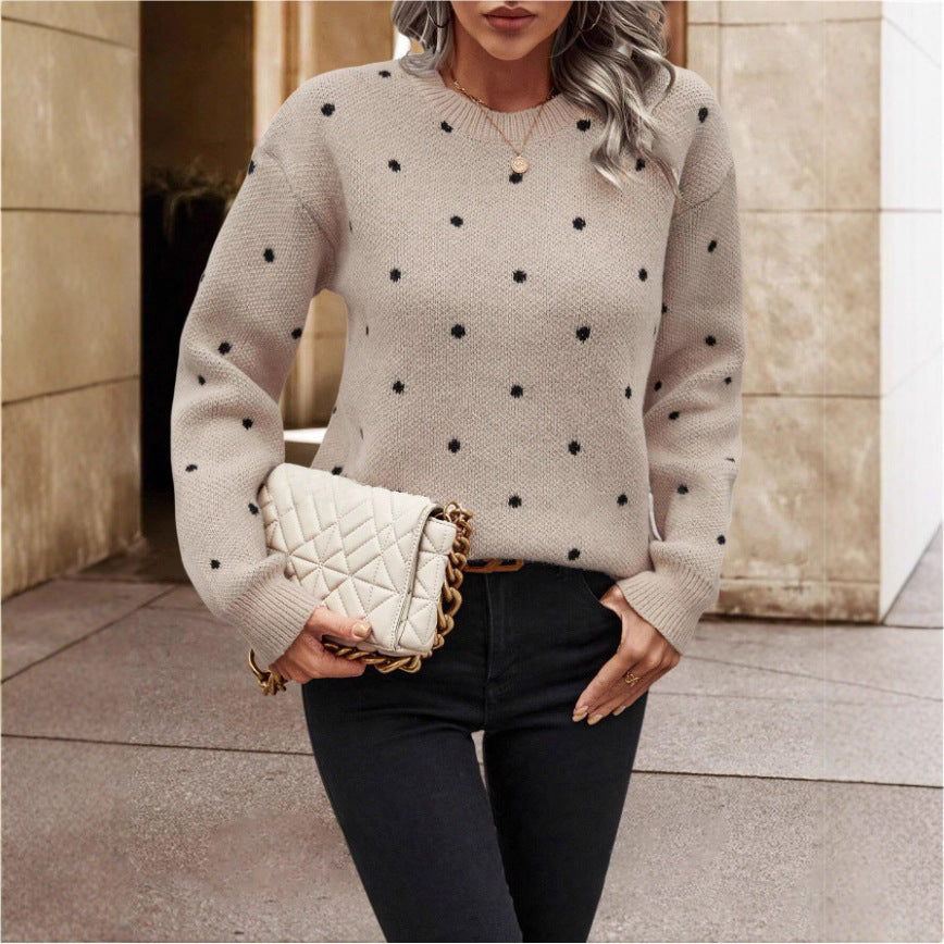 Fashion Round Neck Long Sleeve Pullover Sweater Polka Dot Print Knitwear