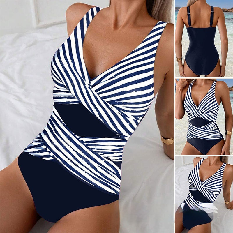 Women's Sleeveless Summer Casual Striped One-piece Tight Swimsuit