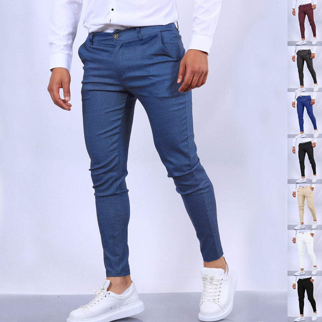 Men's Slim Button Trousers Fashion Solid Office Versatile Long Pencil Pants