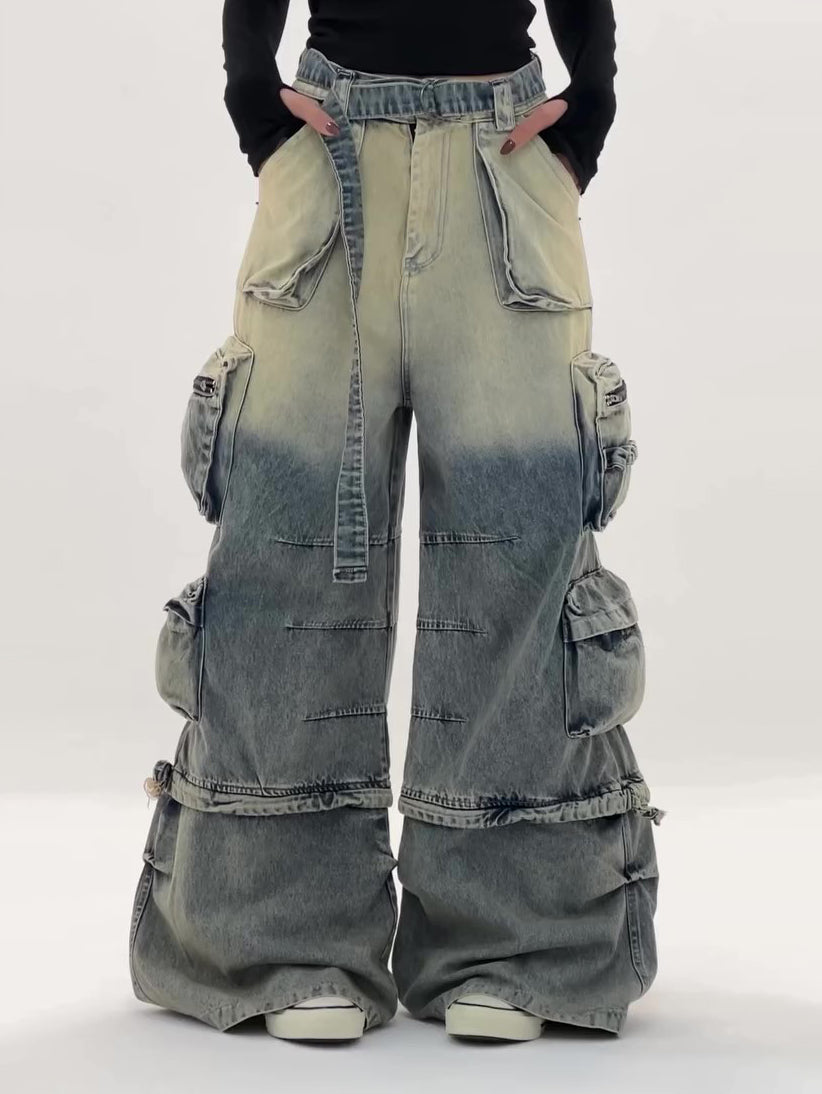 High - Waisted Ombre Cargo Jeans With Multiple Pockets