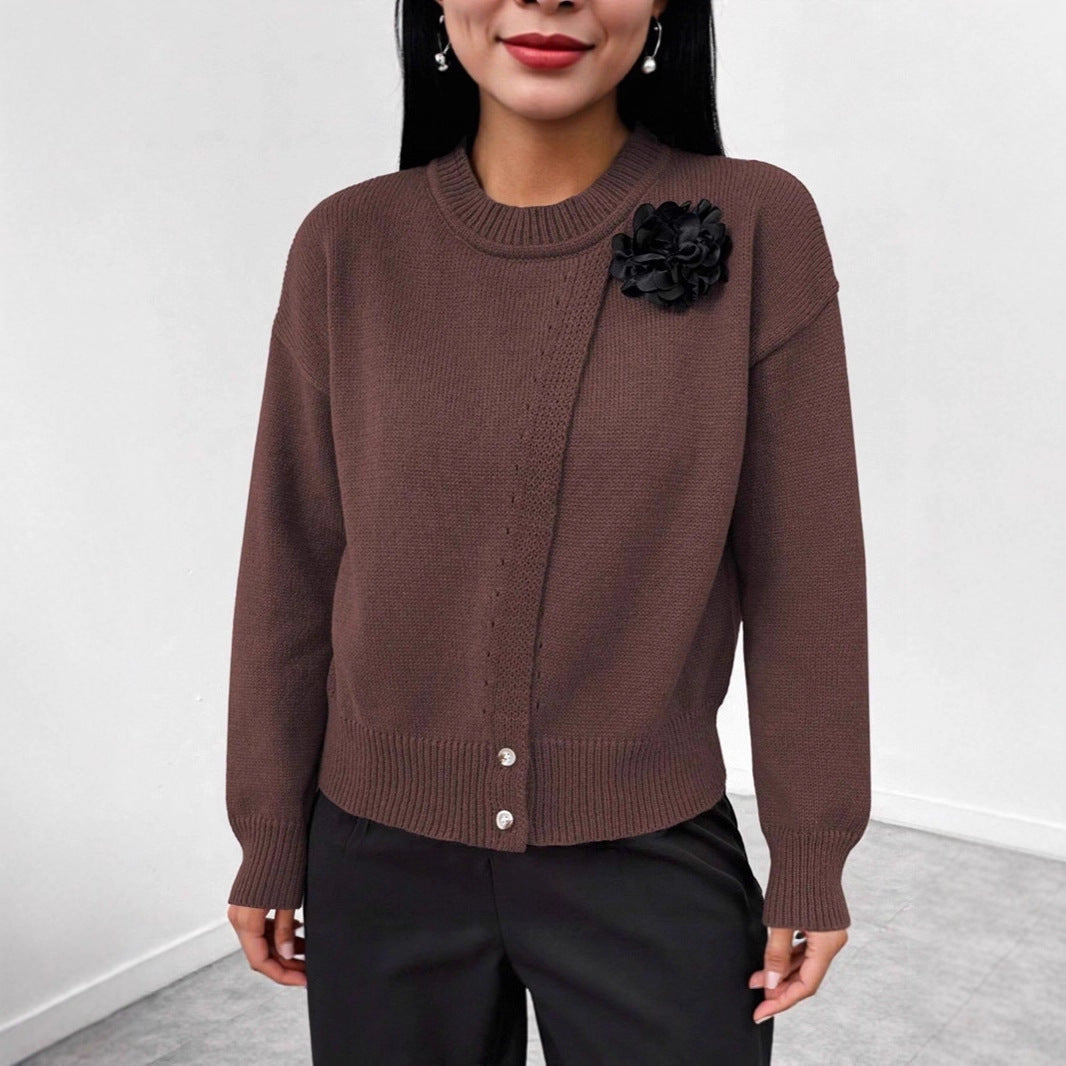 Women's Premium Elegant Solid Color Buttons Black Flower Knitted Pullover