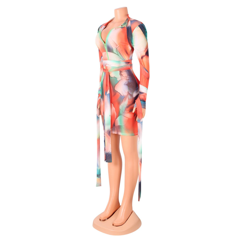 Sexy Women Mesh See-Through Printed Dress With Bandage