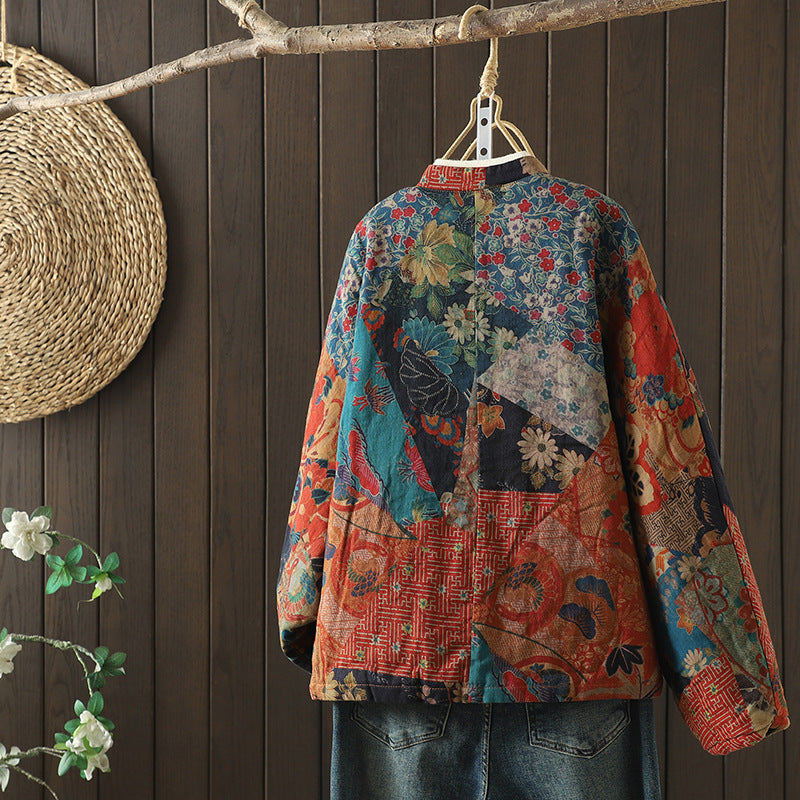 Retro Printed Coat For Women Autumn And Winter Artistic Cotton Cardigan