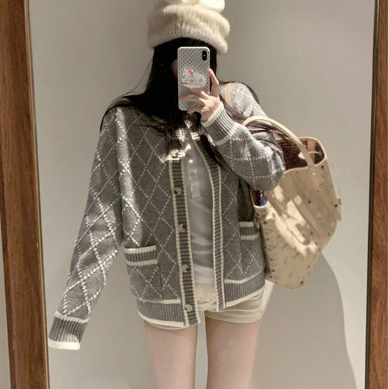 Rhombus Sweater Coat Women's Mid-length Gray Knitted Cardigan