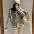 Rhombus Sweater Coat Women's Mid-length Gray Knitted Cardigan