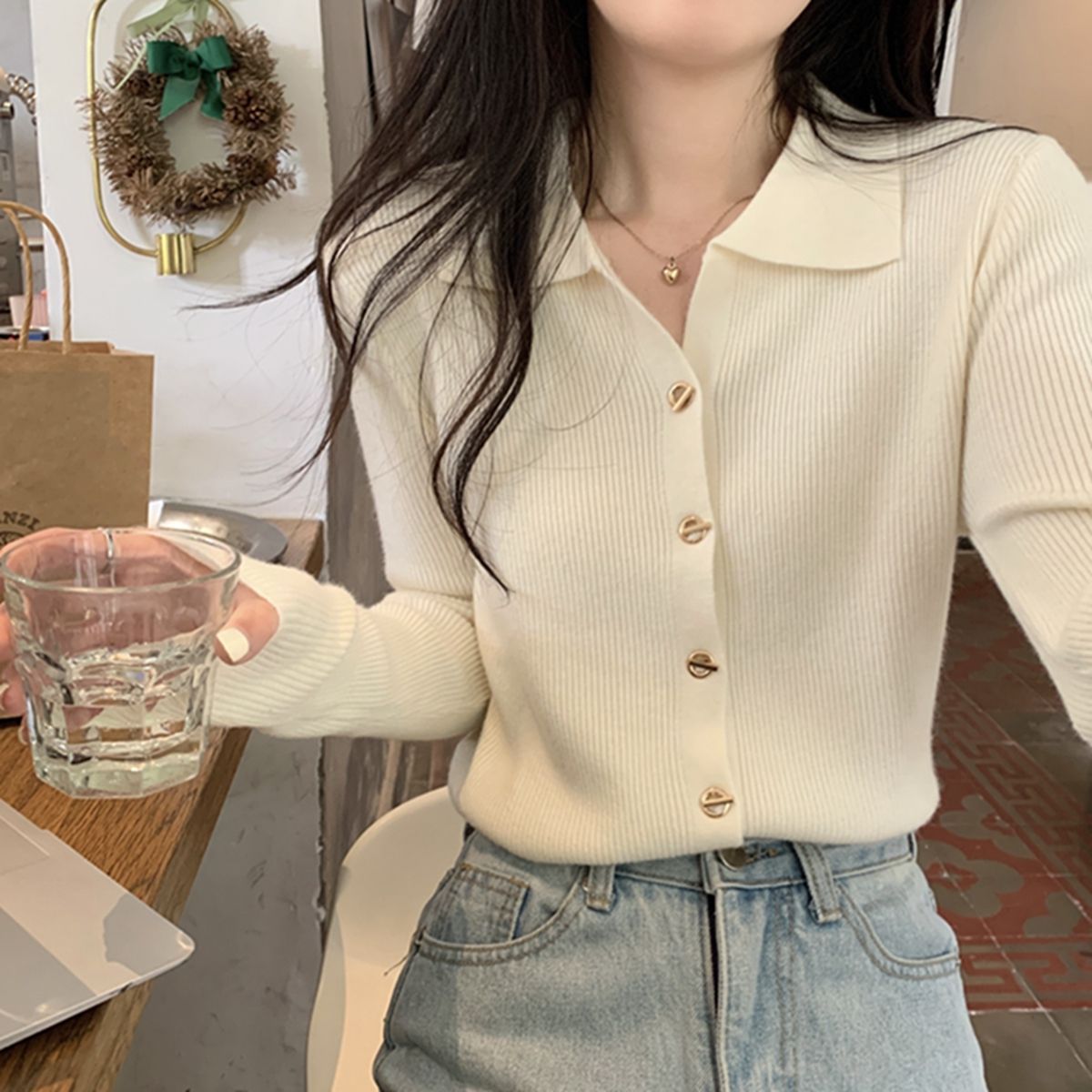 Gentle Long-sleeved Knitted Cardigan Bottoming Top