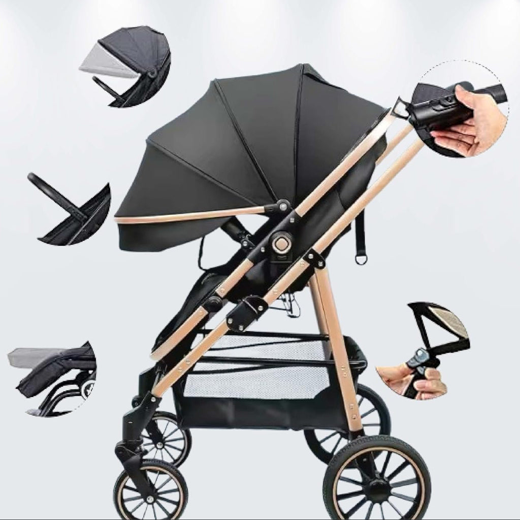 3-in-1 Pram Pushchair Stroller with Carrycot Sleeping Basket Black Rose Gold Foldable