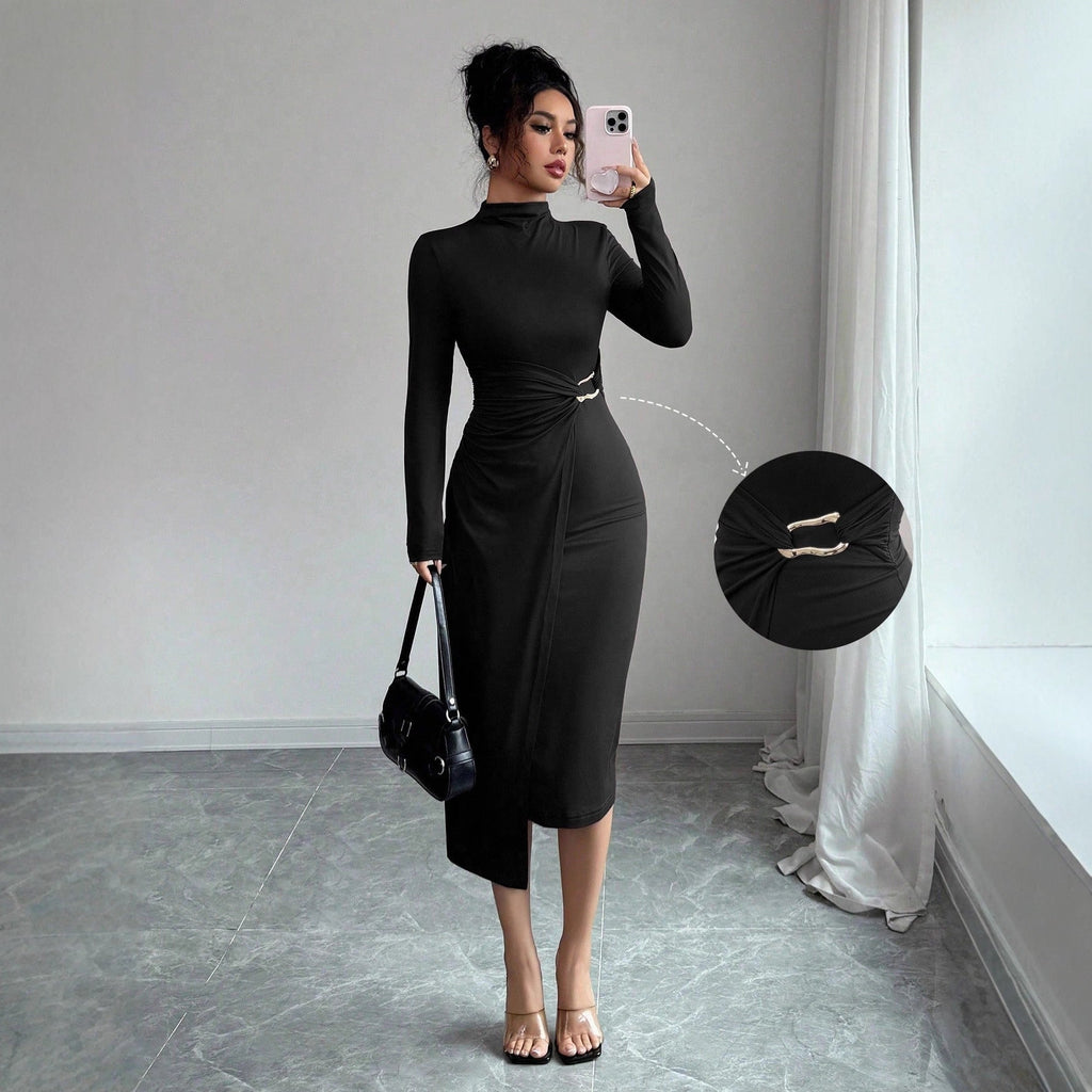 Small Stand-up Collar Knit Solid-color Dress With Metal Buttons