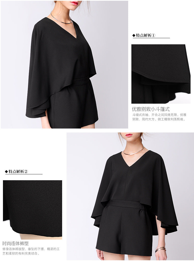 2020 Summer new European and American black simple V-neck batwing sleeve jumpsuit jumpsuit shorts suit chic pet black