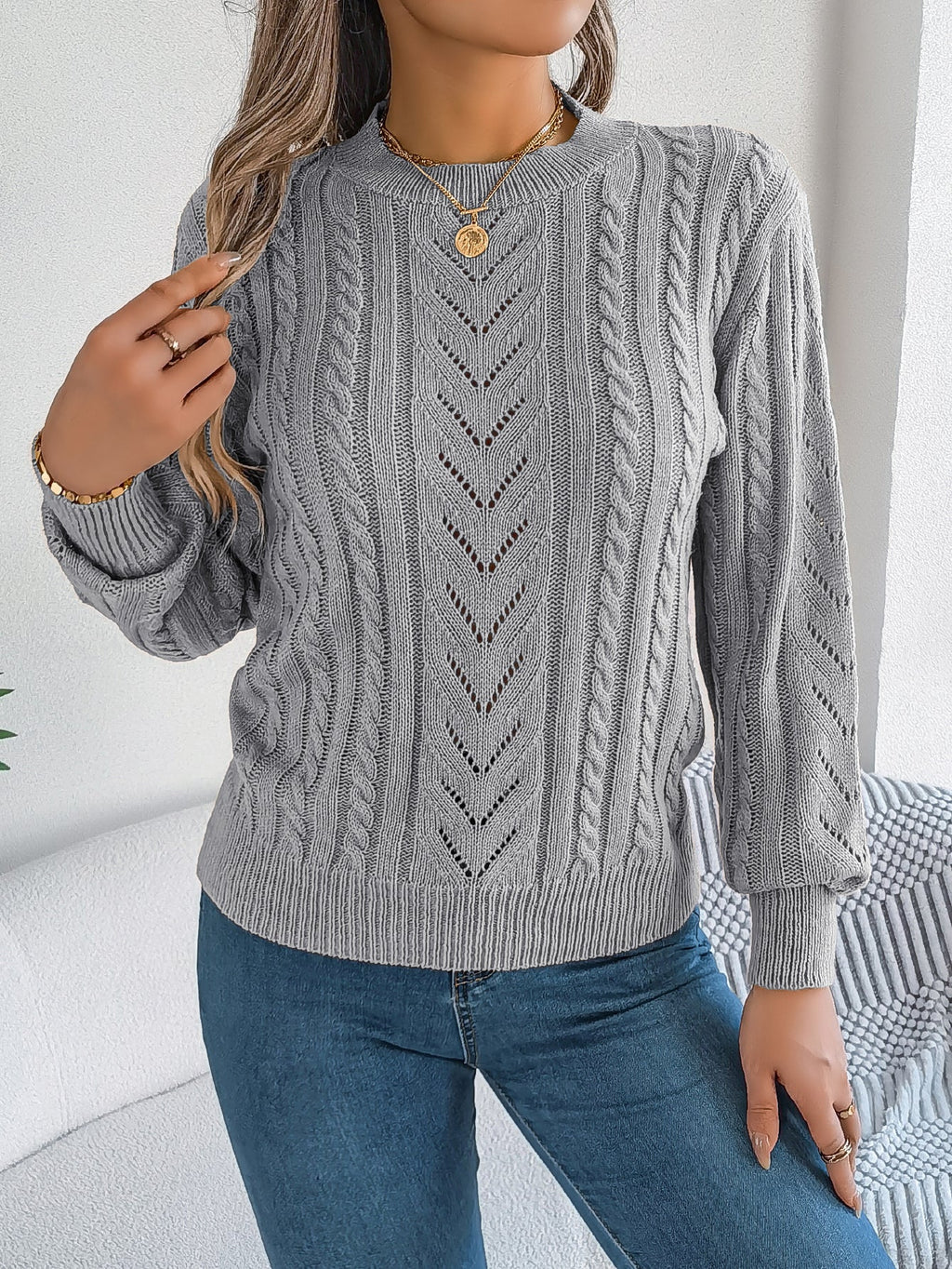Women Casual Solid Color Hollow Out Lantern Sleeve Pullover Sweater