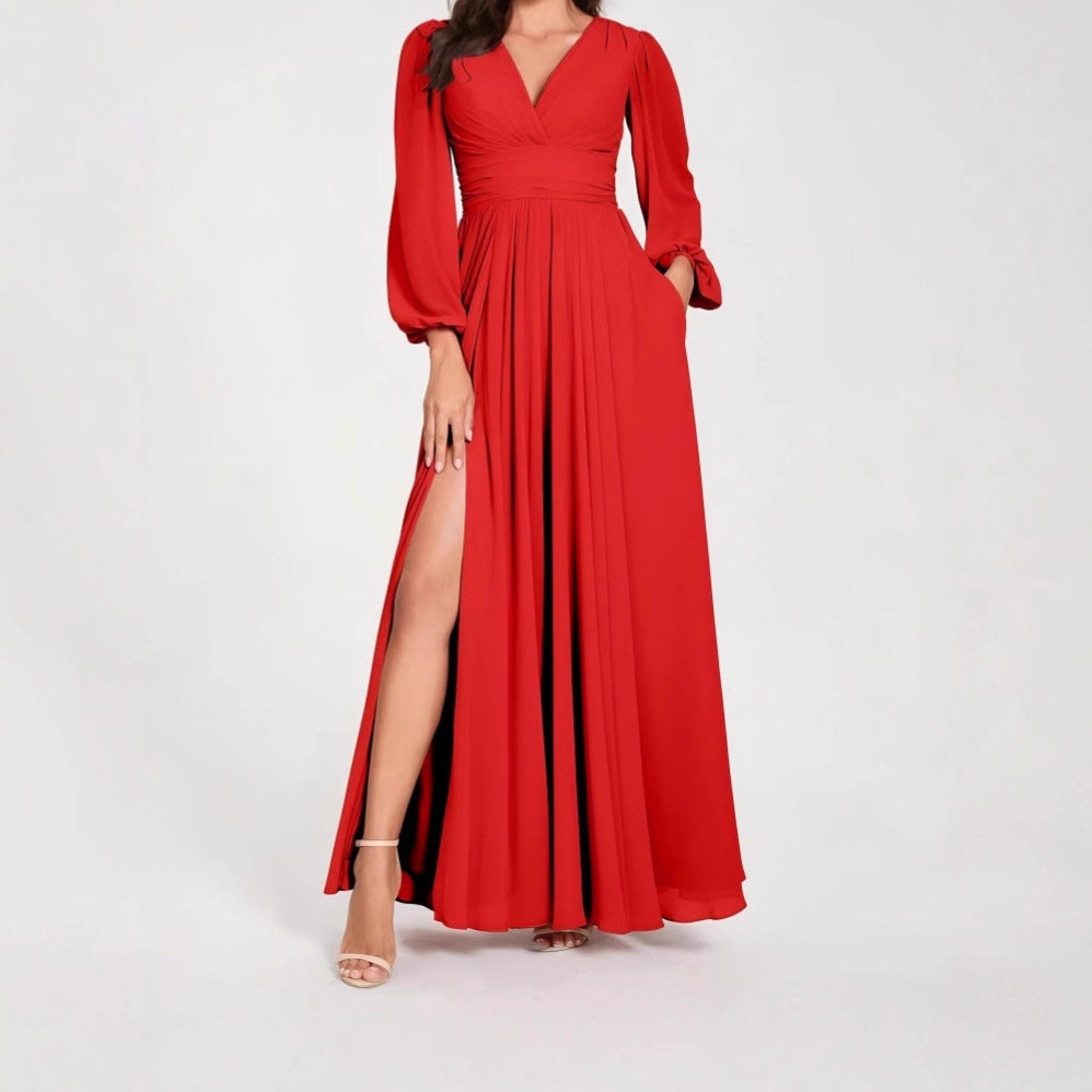 Solid Color V Neck Slit Long Sleeve Pleated Elegant Maxi Dress