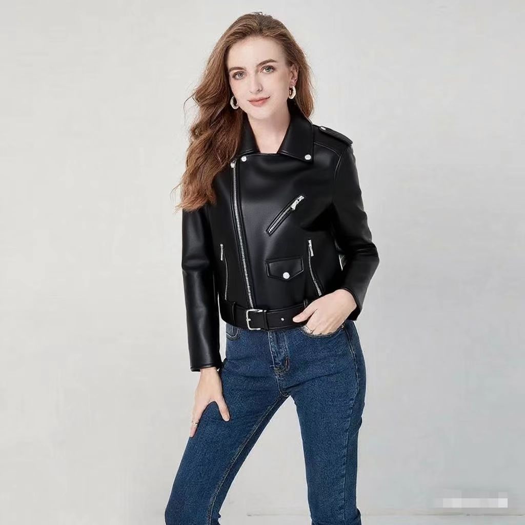 Women's Fashion Diagonal Zipper Slim Fit Washed Motorcycle Jacket