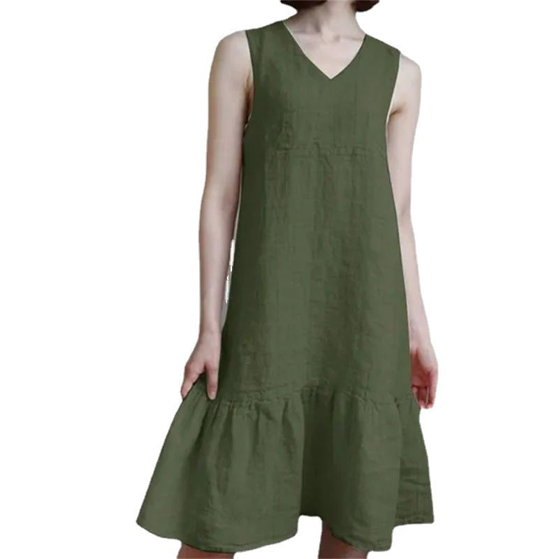 Loose-fit V-neck Solid-color Pleated Strap Sundress In Cotton And Linen
