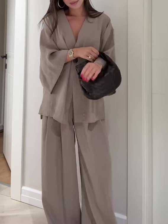 Solid Color Single Button Top And Pants Set