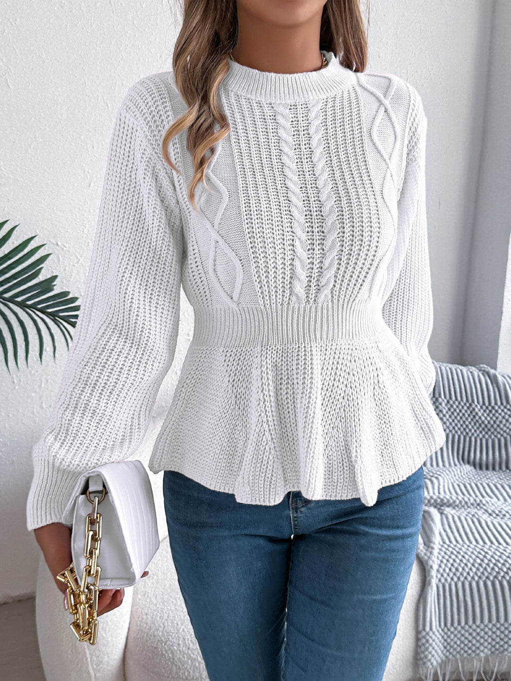 Women Solid Color Cable Knit Cinched Waist Ruffled Long Sleeve Pullover Sweater