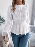 Women Solid Color Cable Knit Cinched Waist Ruffled Long Sleeve Pullover Sweater