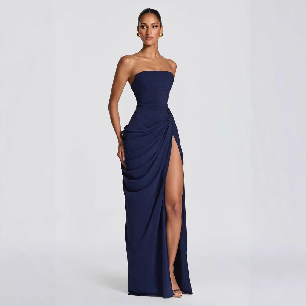 French Style Romantic Strapless Pleated Slit Dress - Women's Elegant Evening Gown For Summer Party Wedding Dresses