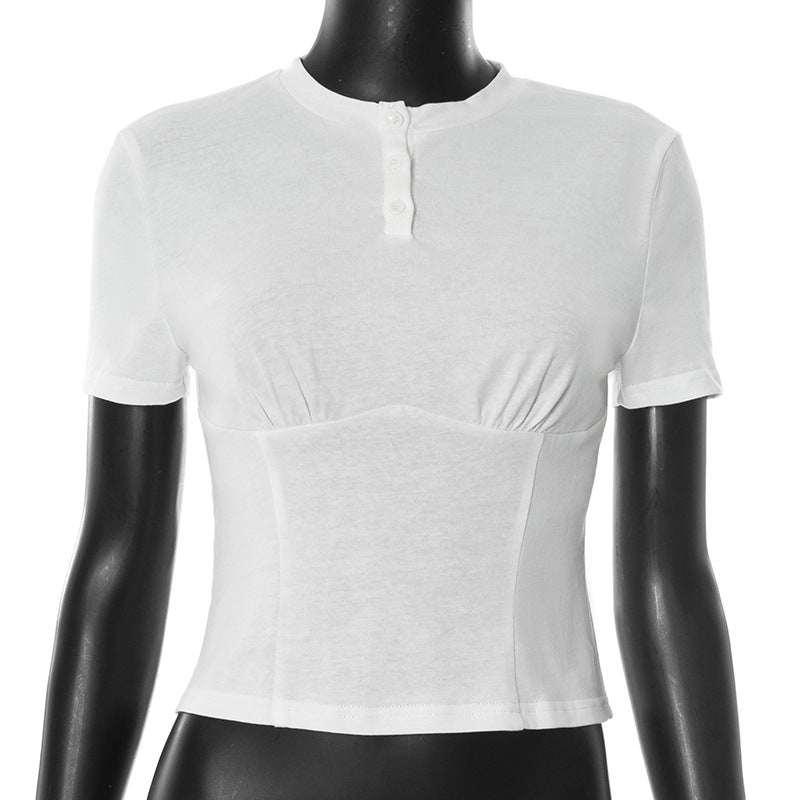 New Women's Solid-color Crew-neck Top With Buttons And Dropped Shoulders