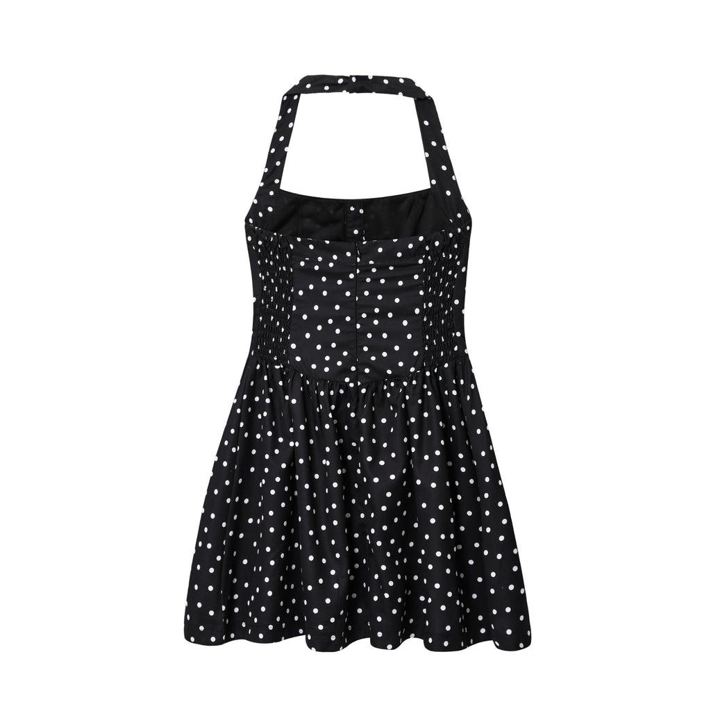 Summer Polka Dot Halter Backless Button Short Dress
