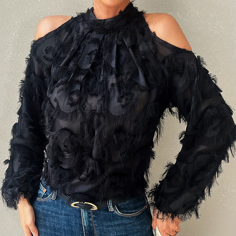 French-style Fringed Long-sleeve Off-shoulder Blouse For Everyday Commuting
