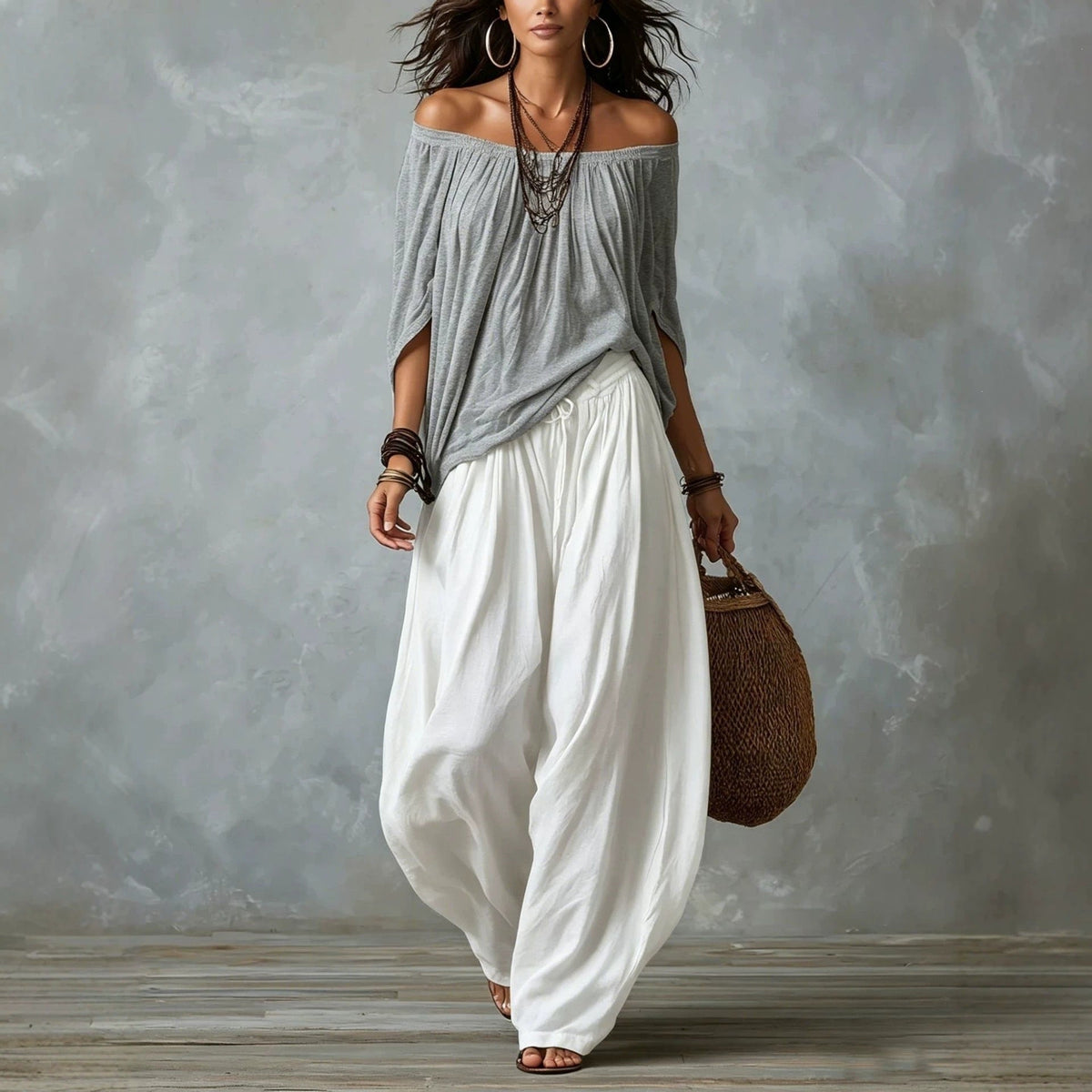 Women's Off-Shoulder Suit Long Sleeve Top And Flare Leg Pants Set - Loose Fit Casual Two Piece Outfit