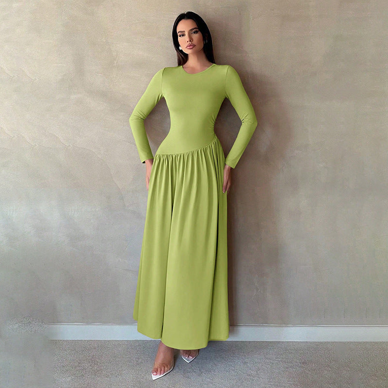 Base Pleated Solid Color Long Dress
