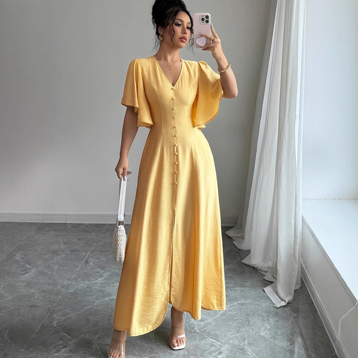 Women's Solid-Colored Split Simple Dress With Petal Sleeves