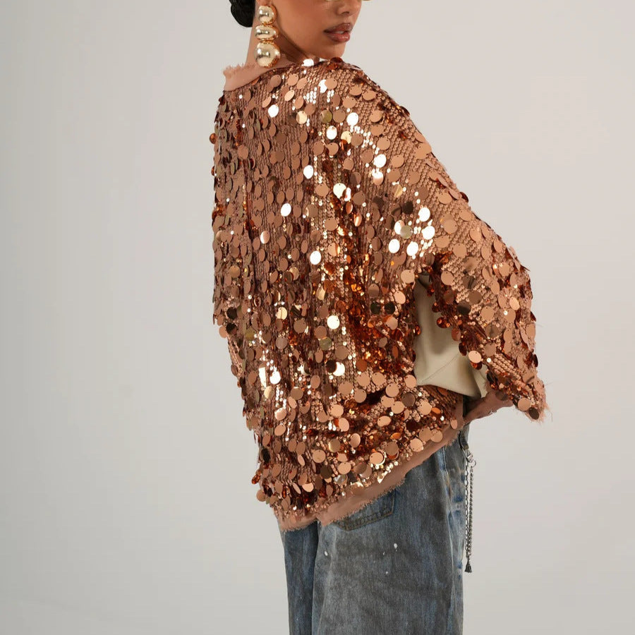 Fashionable Beaded Patchwork Solid Color Jacket For Women