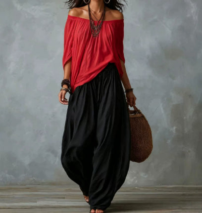 Women's Off-Shoulder Suit Long Sleeve Top And Flare Leg Pants Set - Loose Fit Casual Two Piece Outfit