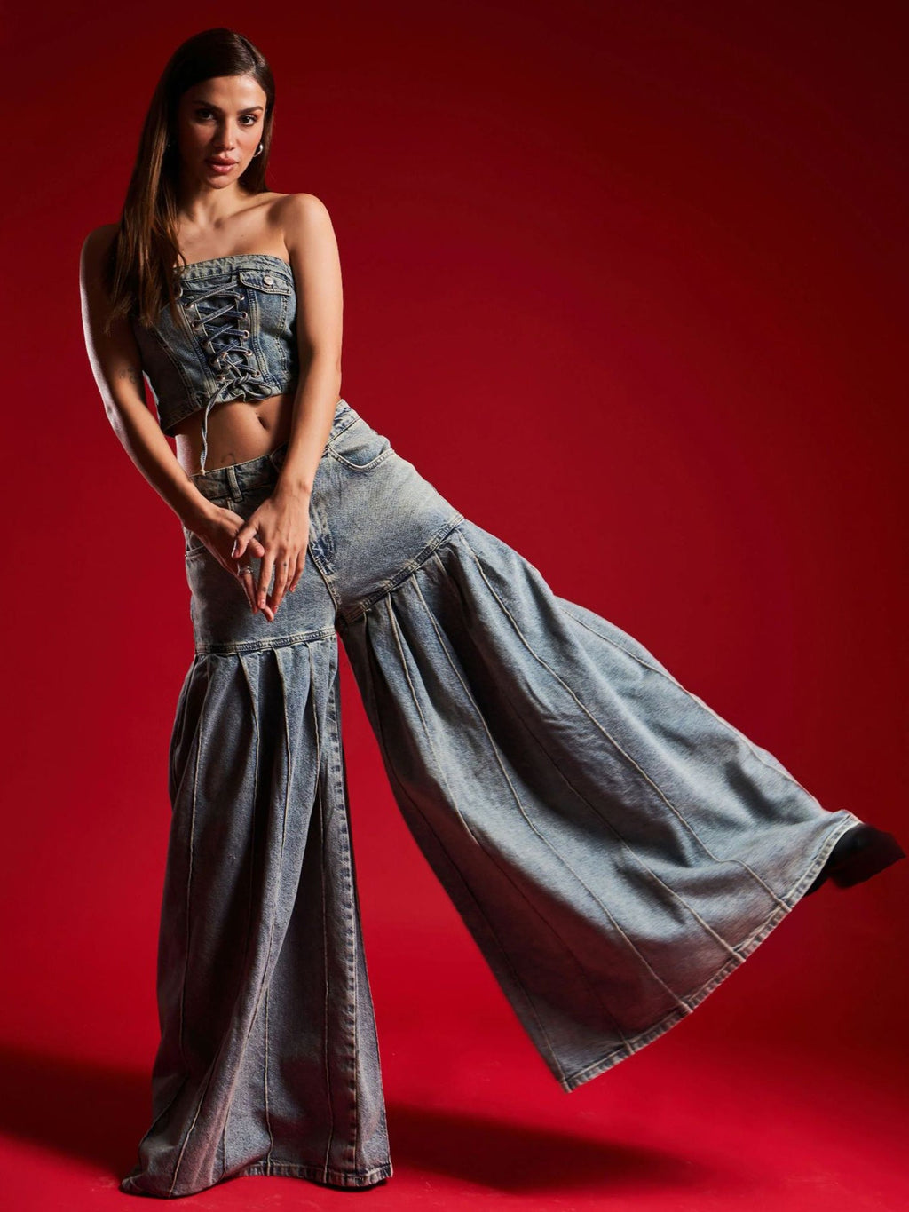 Strapless Denim Corset Crop Top & High - Waisted Pleated  Wide - Leg Pants Set