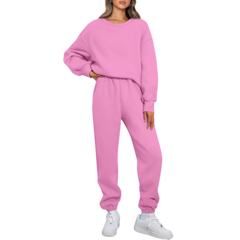 Winter Solid-color Fashionable Crew-neck Pullover With Fleece Lining